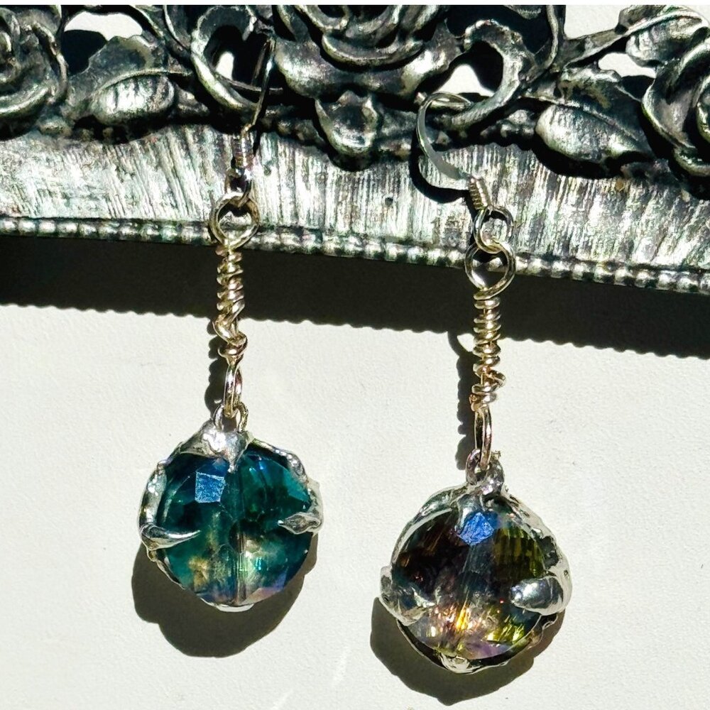Artisan Aurora Borealis Crystal Dangle Earrings 925 Hooks & Silver/Tin Metalwork - Picture 5 of 17